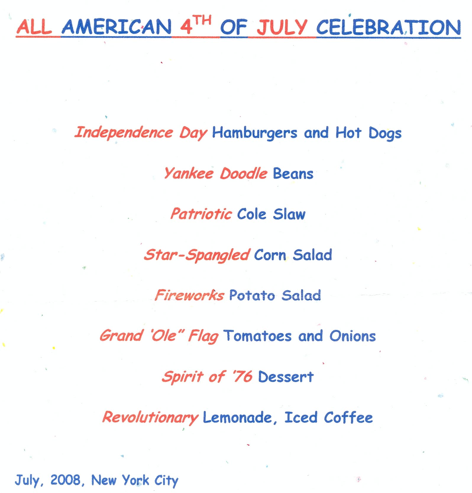 July 4th. menu